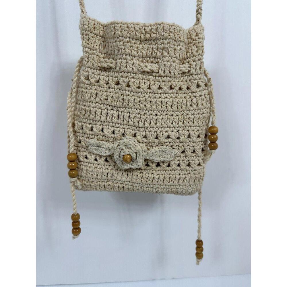 VTG Crocheted Macrame Boho Crossbody Bag Purse Braided Strap Lined‎ Fringe NWT - Picture 3 of 11